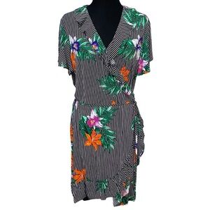 Who What Wear Tropical Floral Wrap Dress Ruffle Black Stripe XXL